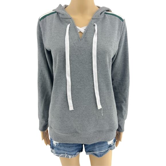 Jessica Simpson SMALL Gray The Warm Up Striped Shoulder Hoodie Sweater - Picture 1 of 6